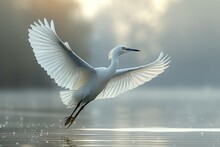 A Snowy Egret Spreads Its Wings Elegantly, Capturing The Moment Of Takeoff Above A Serene Water Body With A Golden Light Backdrop