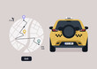 A yellow taxi cab with a checkered pattern, a rear view, a city map with a calculated route on it