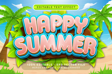 Poster - happy summer 3d text effect and editable text effect with a beach background