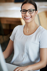 Leinwandbilder - Office, job and portrait and woman at desk with smile for positivity, work and pride in career. Happy, entrepreneur and female person with confidence at table for creative agency, business and joy