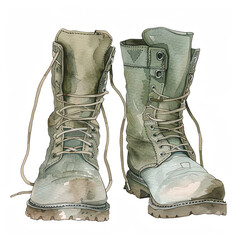 Minimalistic watercolor illustration of combat boots on a white background, cute and comical