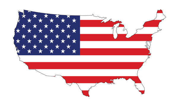 Includes the map of United States of America with the flag of usa on a white background.