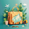 Illustration of a suitcase with a world map, surrounded by tropical leaves, plane, and travel accessories on a blue background.
