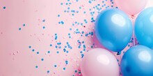 Assortment Of Blue And Pink Balloons With Multicolored Confetti Scattered On A Pastel Pink Background For Celebration