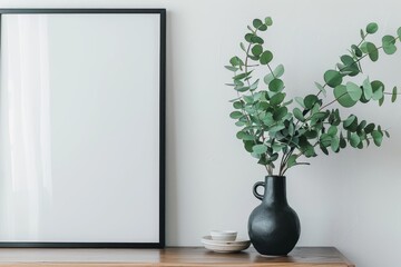 Sticker - Close up green eucalyptus branch in black ceramic vase against white wall on background. Home decor on wooden table or modern oak commode with template art poster. Scandi style of living room interior