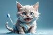 happy cat brushing his teeth, isolated on a light blue background