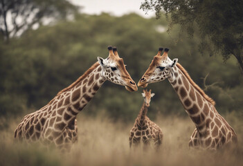 Wall Mural - giraffes eating leaves together in massai marah jungle in south africa wallpaper