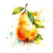A vibrant watercolor illustration capturing a pear mid-splash