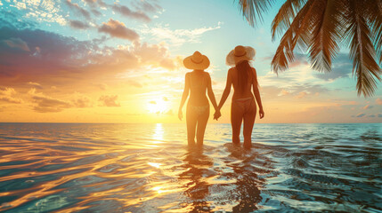 A tender scene unfolds as two friends gaze into the horizon, embracing the calmness of the ocean and the beauty of the setting sun