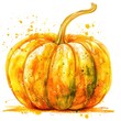 An energetic watercolor illustration of a pumpkin with vivid orange splashes