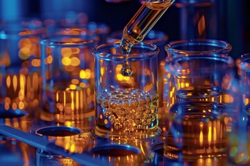 Poster - Blue ambient lighting cast over science laboratory vials filled with bubbles and golden liquid under a pipette