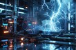 © whitehoune - massive electric discharges happening in a futuristic laboratory experimental box