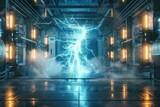 Fototapeta Uliczki - massive electric discharges happening in a futuristic laboratory experimental box