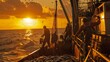 Workers unload fish from a commercial fishing boat at dawn,
