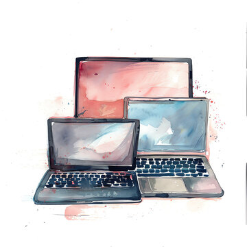 Minimalistic watercolor illustration of computers and laptops on a white background, cute and comical