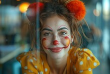 A Smiling Woman With Clown Makeup, Red Nose, And Furry Ears In A Playful Mood