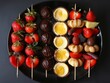 A plate of fruit skewers with a variety of desserts including chocolate covered strawberries, cream puffs, and tarts