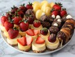 A plate of assorted desserts including cheesecakes, strawberries, and bananas. The plate is white and placed on a marble countertop