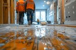 This image captures a focused view on architectural plans spread on the floor of an interior under construction, workers in the distance