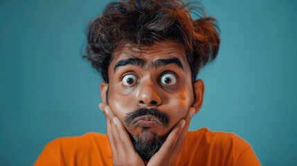 Wall Mural - A Bangladeshi man with glasses and a mustache is looking at the camera with a surprised expression. Concept of curiosity and intrigue. a 32 year old Bangladeshi man looking confused