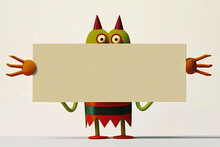 A Cartoon Monster Holding A Blank Sign. The Monster Is Wearing A Green Shirt And Red Hat. 3d Cute Monster Holding Up A Blank Sign,colorful Cartoon Character,empty Banner
