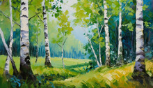 Oil Painting Of Birch Forest Trees In Summer Colors; Fine Artwork; Acrylic On Canvas