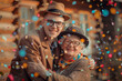Happy man and her old senior mother with falling confetti. Generative AI