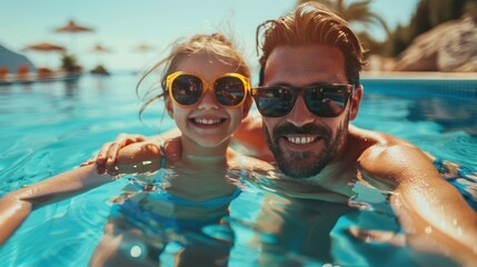 Father and daughter sharing a joyful moment together in a pool, both wearing stylish sunglasses