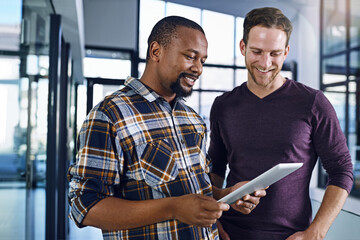 Poster - Business people, planning and teamwork on tablet in office for digital software results or update at tech startup. Worker, men or employees scroll, typing and reading on app or information technology