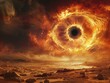 Conceptual artwork of a desolate landscape with a burning eye in the sky, symbolizing doom and foreboding, ideal for fantasy themes