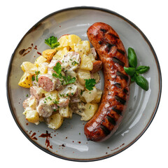 Wall Mural - Delicious Plate of Grilled Sausages and Potato Salad Isolated on a Transparent Background 