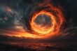 An illustration of a large fiery vortex in a stormy sky over a dark sea.