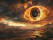 Sauron's flaming eye looks down upon a desolate landscape.