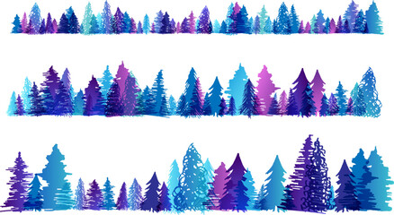 Wall Mural - Firs forest. Layered vector illustration. Horizontal borders collection