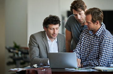 Poster - Business people, laptop and talking in office for online plan, corporate strategy or partnership. Men, technology and meeting with teamwork for internet connection, email report or communication
