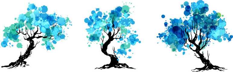 Wall Mural - artistic trees with blue paint splashes leaves. hand drawn isolated design elements with ink texture