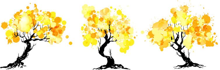 Wall Mural - artistic trees with yellow paint splashes leaves. hand drawn isolated design elements with ink textu
