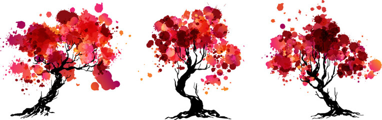 Wall Mural - artistic trees with red paint splashes leaves. hand drawn isolated design elements with ink texture.