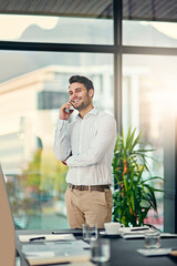Aufkleber - Phone call, smile and businessman in office for communication with corporate b2b deal for startup. Happy, talking and professional male lawyer on mobile discussion for policy review in workplace.