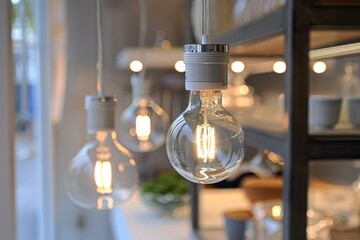 Canvas Print - Energy-efficient LED bulb illuminating softly against a soft transparent white surface, perfect for eco-conscious designs