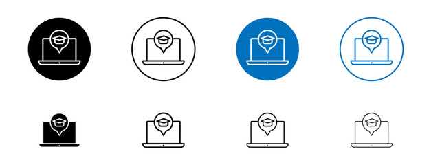 Sticker - E learning icon set. online degree icon. digital distance graduation education icon. virtual elearning academy icon. online training icon in black and blue and blue color.