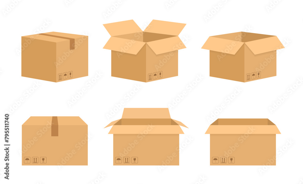 Collection of cardboard box mockups. Shipping carton open and closed ...