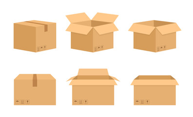 Collection of cardboard box mockups. Shipping carton open and closed box with breakable signs. Set closed and open cardboard boxes. Vector illustration