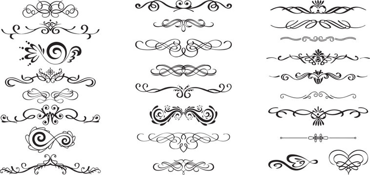 Line dividers. Decorative swirl text separators, vintage divider. Victorian flourishes line calligraphic swirly filigree decoration editable stroke vector set	