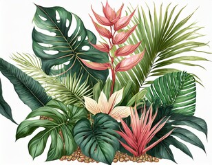 composition of leaves and flowers of tropical plants on a white background