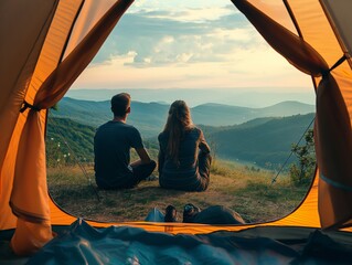 Wall Mural - A couple is sitting in a tent and looking out at the mountains. Scene is peaceful and romantic