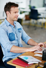 Poster - Typing, keyboard and businessman with computer in office for online creative research with career. Technology, reading and male copywriter working on desktop for public relations website in workplace