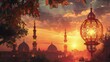 Against the backdrop of a stunning sunset, a majestic mosque rises, its elegant minarets reaching towards the sky.