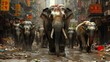 © Ai-Pixel - A group of war elephants marches through a ruined city.
