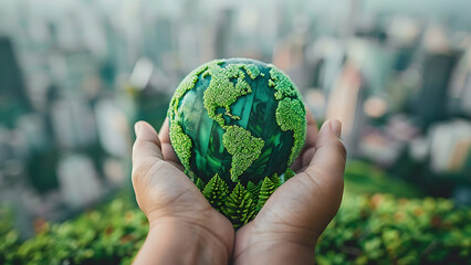 Wall Mural - Earth globe in human hands on city background. Environment Concept, saving environment, save clean planet, ecology concept.